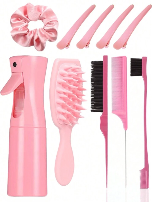 1pc/10pcs Set With Fine-Tooth Comb, Rat Tail Comb, And Spray Bottle Exfoliating Hair Brush Set - Cleansing Comb, Scalp Massage Brush For Home Use Women, Suitable For All Hair Types And Travel Needs