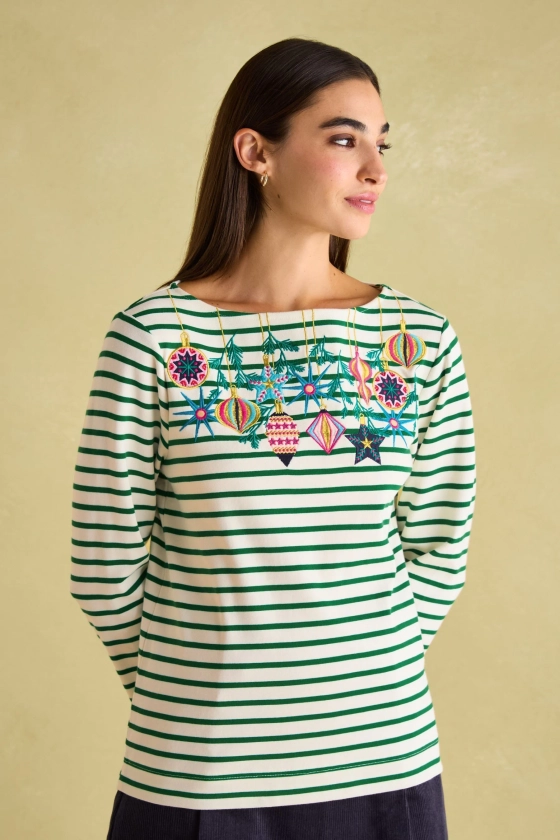 Joules Festive Harbour Green/White Boat Neck Breton Top