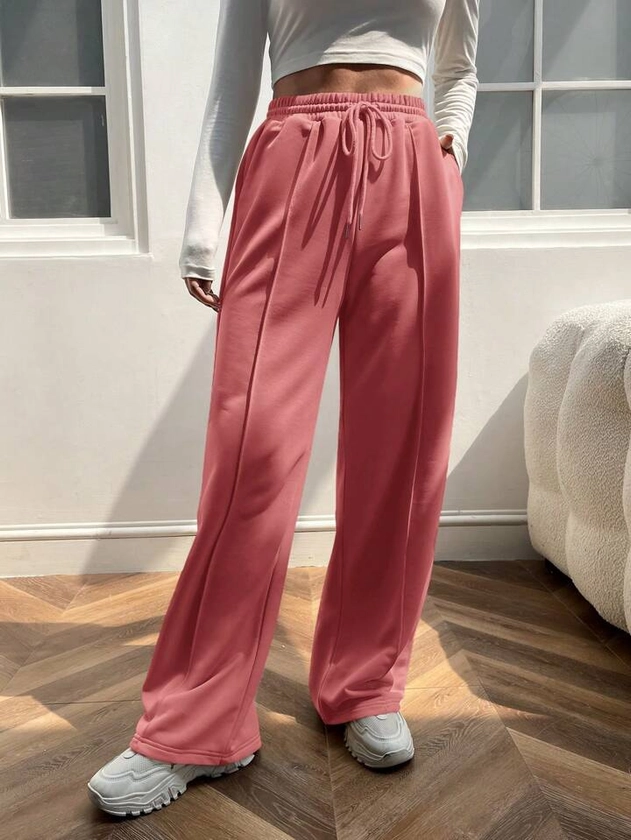 Pantalon De Jogging À Taille Avec Cordon De Serrage Pour Femme, Couleur Unie