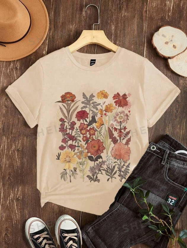 SHEIN Essnce Women's Casual Short Sleeve T-Shirt With Floral Pattern And Round Neckline, Suitable For Summer