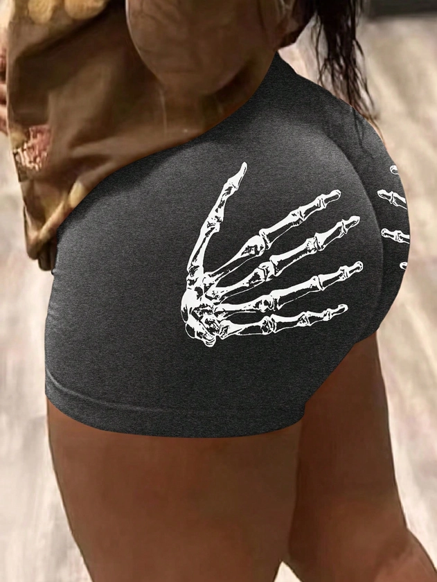 SHEIN Unity Skull Hand Printed Stretchy Shorts