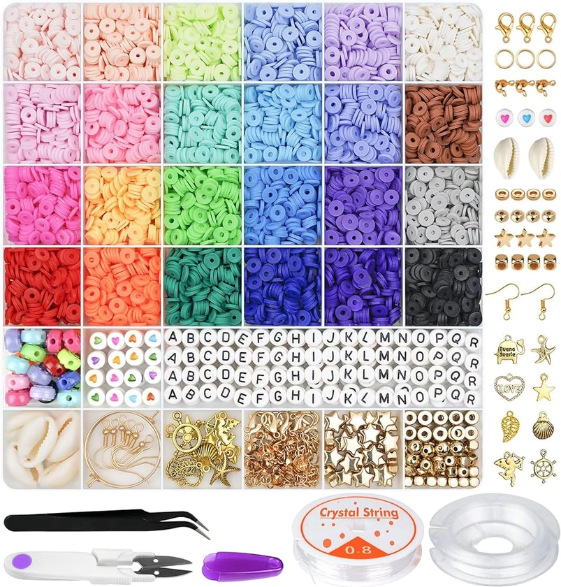 Gionlion 6000 Clay Beads Bracelet Making Kit, 24 Colors Flat Preppy Beads for Friendship Bracelets, Polymer Clay Beads with Charms for Jewelry Making, Crafts Gifts for Girls Ages 6-12