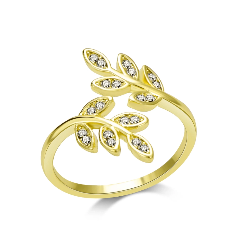 Gold Plated Adjustable Leaf Ring Created with Zircondia® Crystals