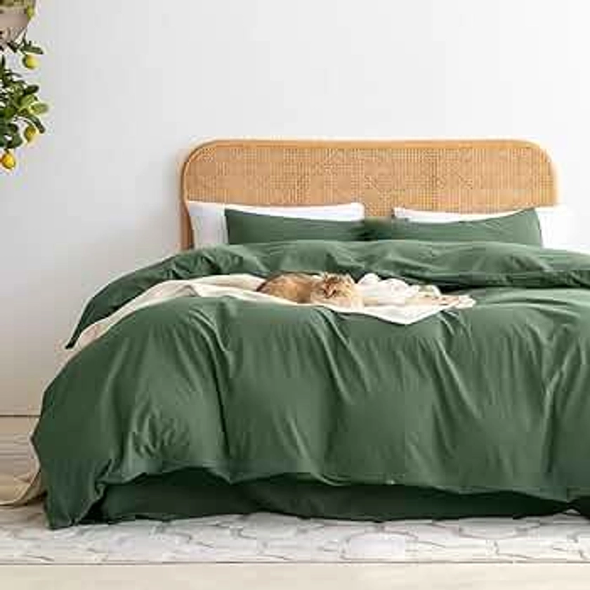 Ventidora Green 2 Piece Duvet Cover Set Twin Size,100% Organic Washed Cotton Linen Feel Like Textured, Luxury Soft and Breatheable Bedding Set with Zipper Closure(1 Comforter + 1 Pillowcases)