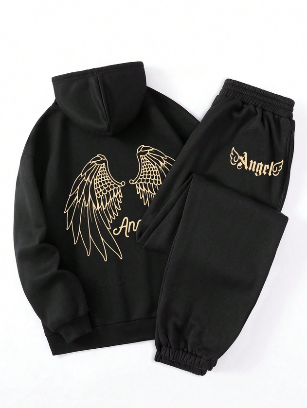 Wings & Letter Graphic Drawstring Thermal Lined Hoodie & Sweatpants