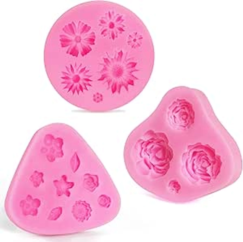 mciskin Fleur gâteau Fondant Moules, Moules en silicone, Mini Fleur roses Fleur de marguerite Moules pour Jelly Sucre Candy Chocolat Fondant Décoration de gâteaux (lot de 3)