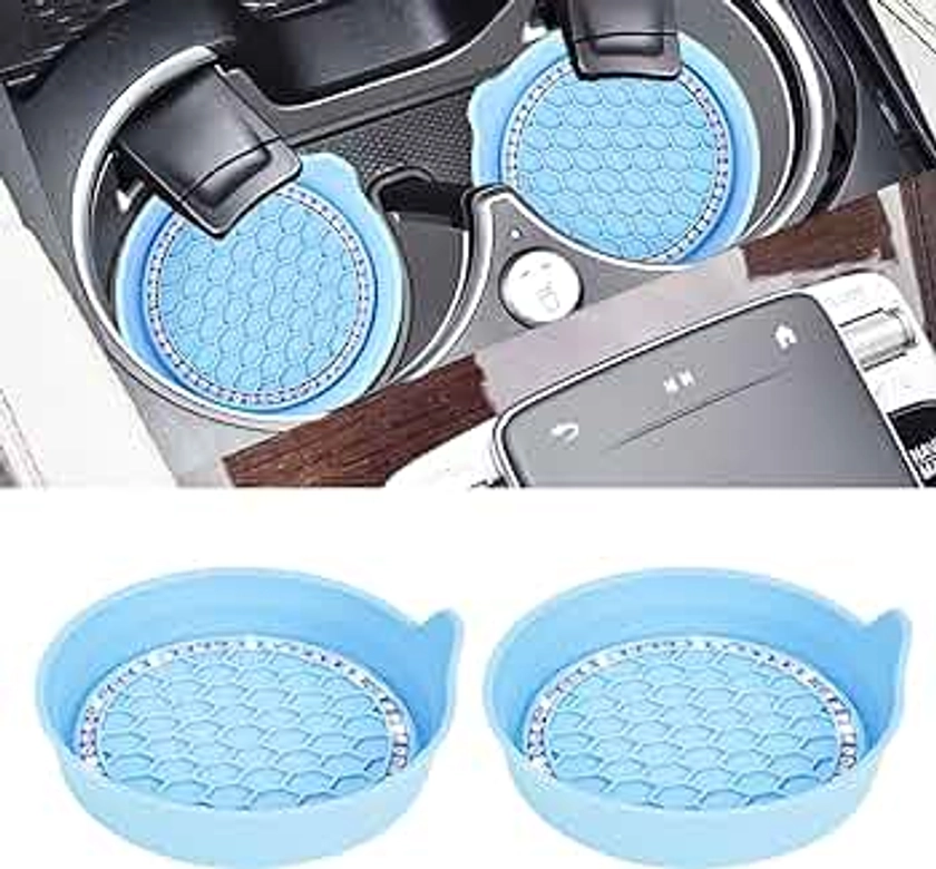 Amooca Car Cup Coaster Universal Non-Slip Cup Holders Bling Crystal Rhinestone Car Interior Accessories 2 Pack Light Blue