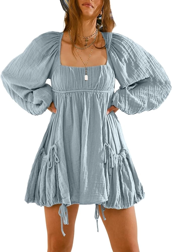 Shiyifa Women's Summer Mini Dress Casual Square Neck Long Sleeves Loose Sundress with Pockets