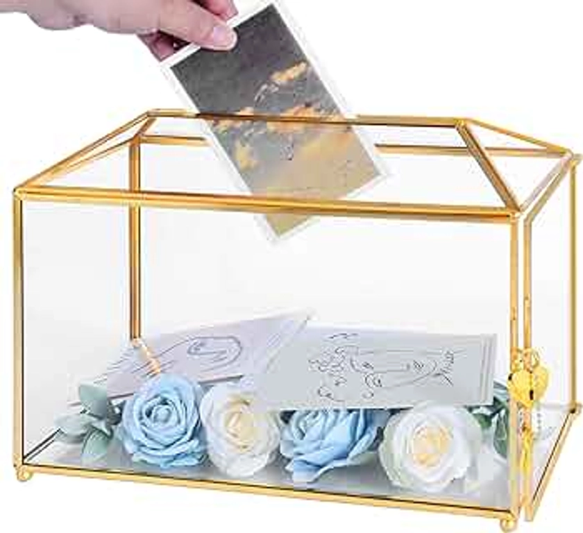 Glass Wedding Card Box with Lock, 12.6x5.9x9 inches Large Gold Card Boxes for Wedding Reception, Keepsake Display, Graduation, Party Centerpiece Decorative Box