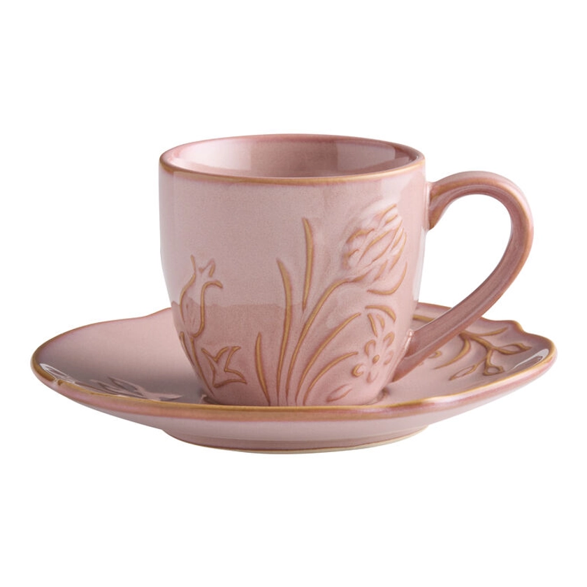 Blush Pink Reactive Glaze Floral Espresso Mug with Saucer