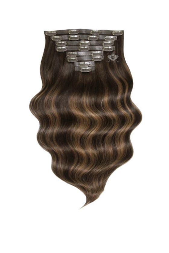 Mochaccino - Elegant 16" Silk Seamless Clip In Human Hair Extensions 150g :Rooted: