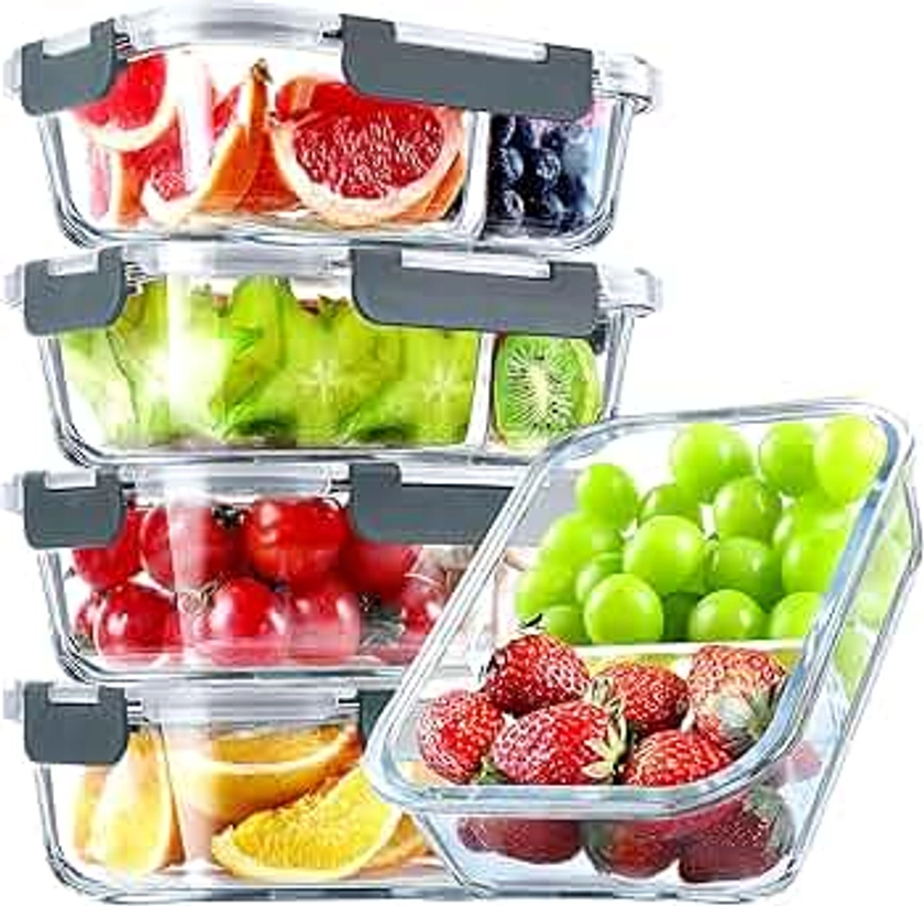 VERONES 5 Pack Glass Meal Prep Containers 2 Compartment Set, 36OZ Airtight Glass Lunch Containers, Glass Food Storage Containers with Lids, for Microwave, Oven, Freezer & Dishwasher Friendly,Grey