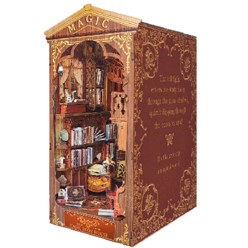 Book Nook Kit with Sensor Light 3D Wooden Puzzle Bookend Miniature DIY Dollhouse Booknook Exquisite Bookend Model Kit Decorative Bookshelf Insert Decor Bookend Building Kit for Home Decor Crafts