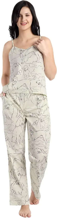Buy PANDORNA Women's Dog Printed Pyjama Set - Beige | Stylish and Comfortable Night Suit | Collared Shirt with Delightful Slip-on Closure at Amazon.in