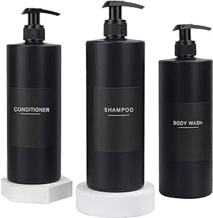 Ezebesta 3 PCS 500ml Black Soap Lotion Pump Dispensers with 22 Labels Bathroom Minimalist Dispenser Bottles