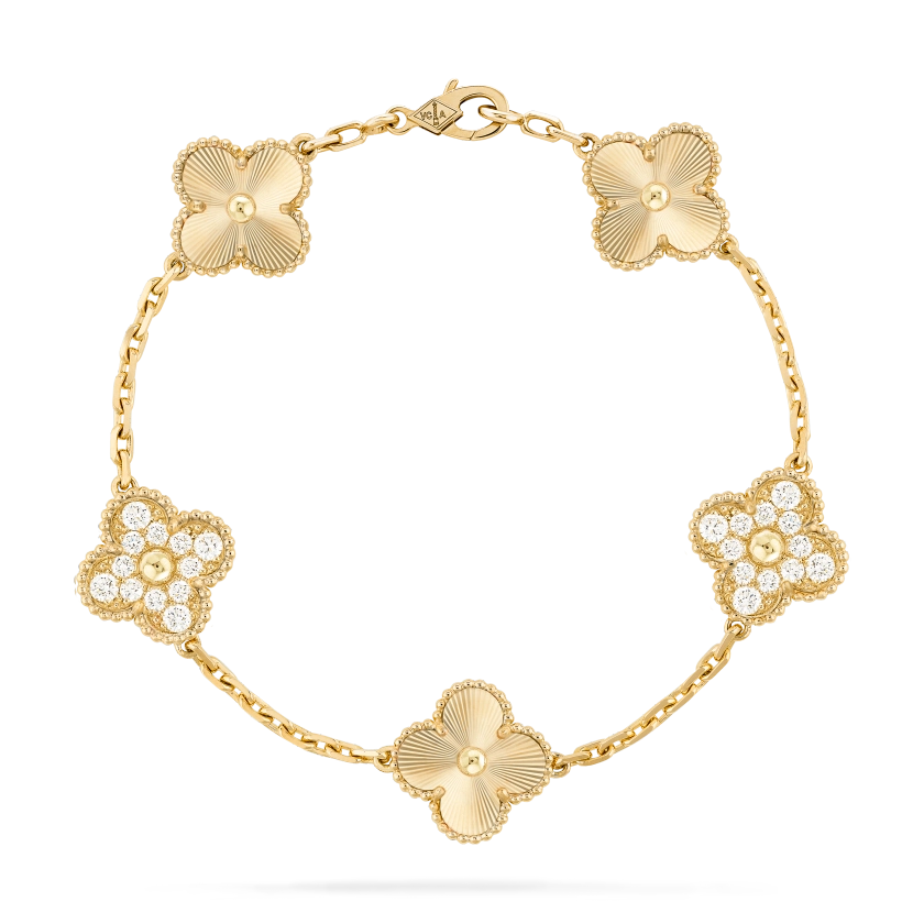 Vintage Alhambra bracelet, 5 motifs 18K yellow gold, Diamond - Van Cleef & Arpels