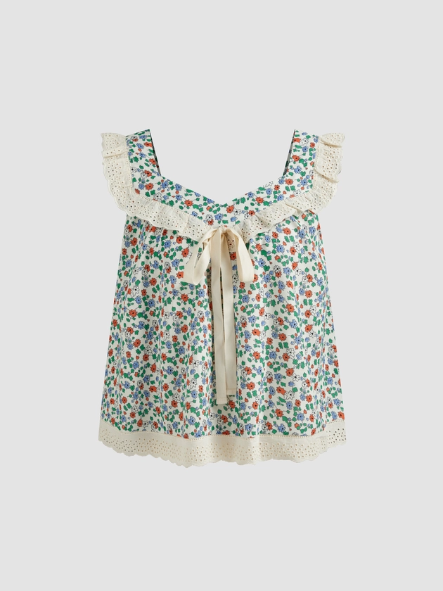 Sweetheart Floral Contrasting Binding Bowknot Ruffle Top