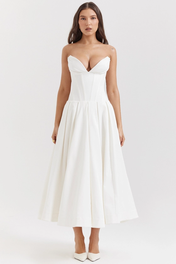 Clothing : Midi Dresses : 'Lady' White Strapless Midi Dress