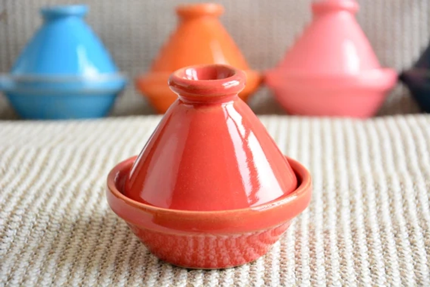 Red Handpainted Ceramic Clay Tagine, Lead Free Morrocan Style Minimalist Tagine, Spice Holder