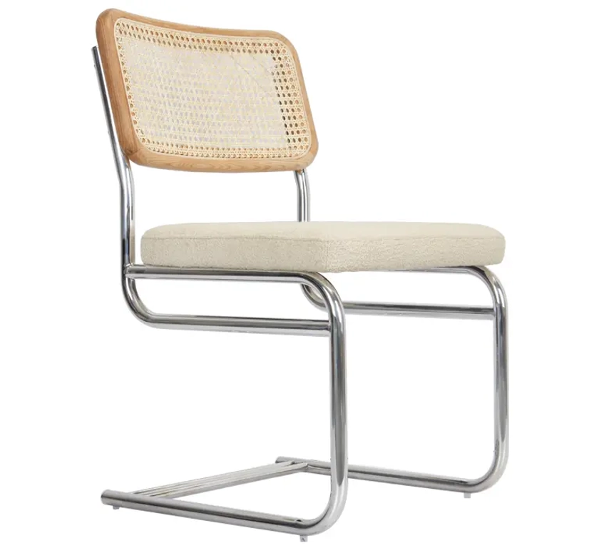 UBERTO Chaise design, Blanc bouclette anti-tâches, cannage & métal chromé