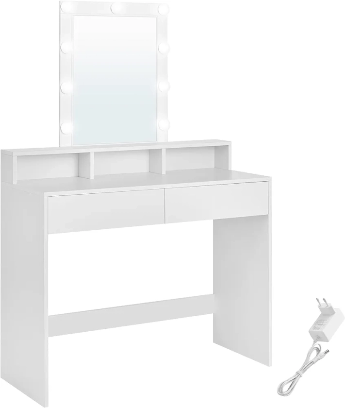 VASAGLE Coiffeuse, Miroir LED à Luminosité Réglable, Table de Maquillage avec Miroir, 2 Tiroirs et 3 Compartiments, Coin Beauté, Style Moderne, Blanc RDT164W01