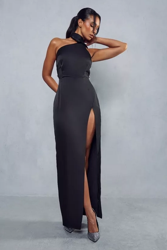 Dresses | Premium Satin Diamante Drape Back Split Leg Maxi Dress | MissPap