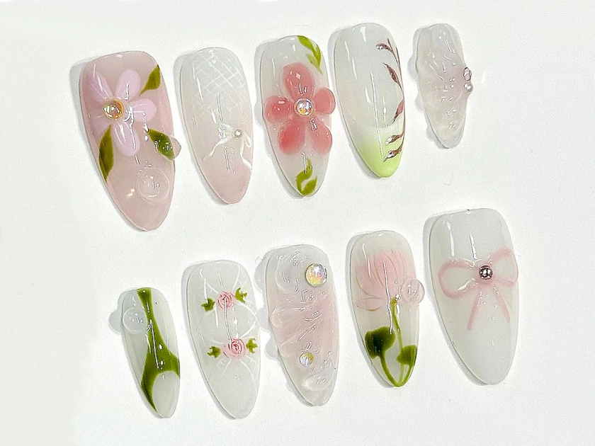 Dreamy Press On Nails Almond | Jelly Pastel Blossom Nail Art | 3D FairyCore Flower Press Ons | Romantic Nail Art in Fake Nails | JC289A