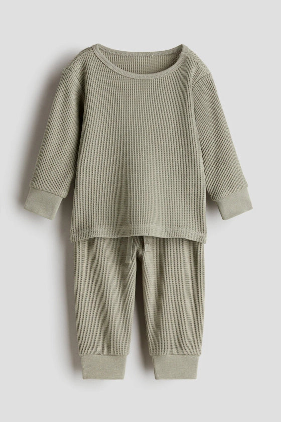 Waffled cotton set - Round neck - Long sleeve - Khaki green - Kids | H&M GB