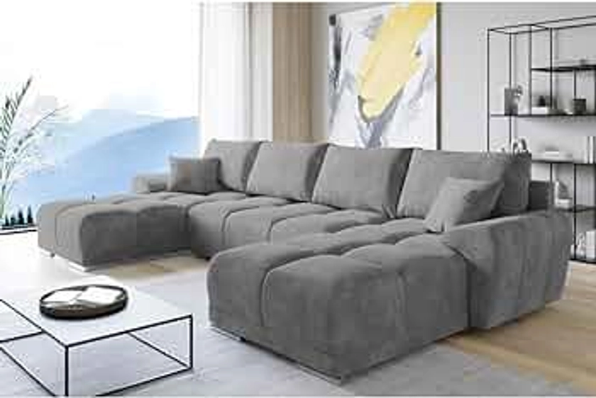 Easy Sofas and Wardrobes Velvet Corner U Shaped Sofa 365 x 85 x 189 – Storage and Pillows - Pull out Sofa Bed - Sofas for Living Room – Sofabed Sleeping Function - Color: Grey (MO-85)