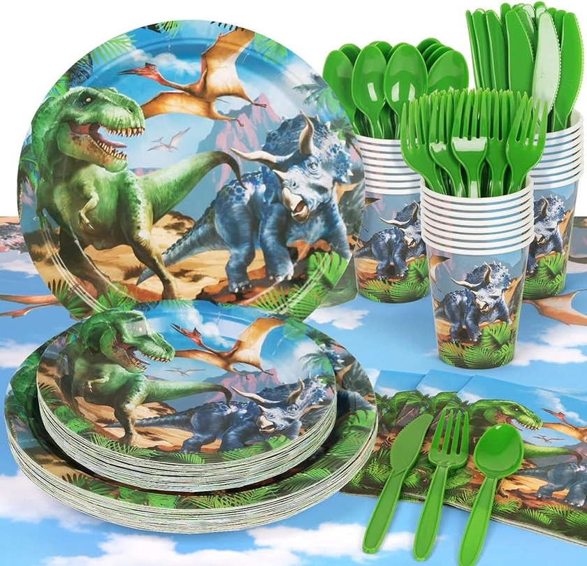 Amazon.com: DECORLIFE 169PCS Dinosaur Party Supplies Serve 24 with Tablecloth, Dinosaur Birthday Decorations for Boys Includes Dinosaur Plates, Napkins, Cups and Cutlery Set : Home & Kitchen