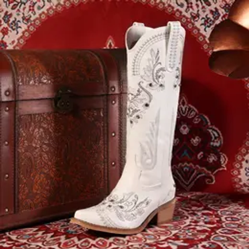 Summer Sale White Cowboy Boots for Women - Wide Calf Sparkly Cowgirl Boots, Women's Knee High Western Rhinestone Boots, Glitter Sparkle Ladies Country Boots with Classic Embroidery, Pointed Toe Pull On Zipper Stitching Retro Fashion Tall Boots