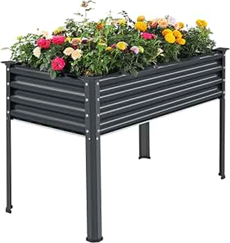 Land Guard Galvanized Raised Garden Bed with Legs, 48×24×32in Large Metal Elevated Raised Planter Box with Drainage Holes for Backyard, Patio, Balcony, 400lb Capacity(Grey)……