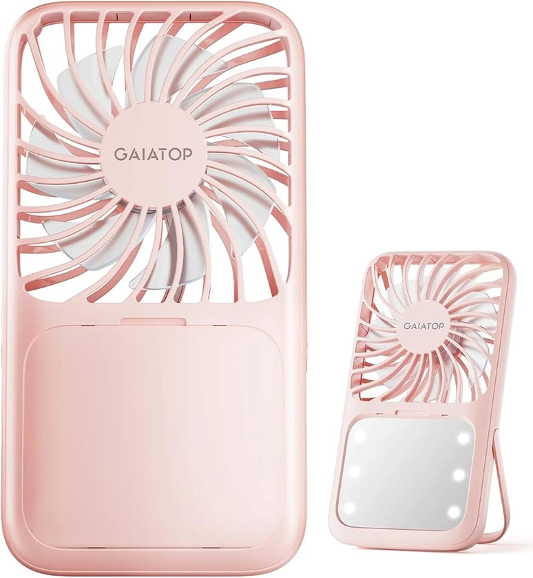 gaiatop Handheld Mini Fan, 3 Speed Portable Lash Fan Makeup Mirror with LED Light, 2000mAh USB Rechargeable Personal Desk Fan with Stand, Small Hand Fan for Outdoor Travel Gifts for Women Girls Pink