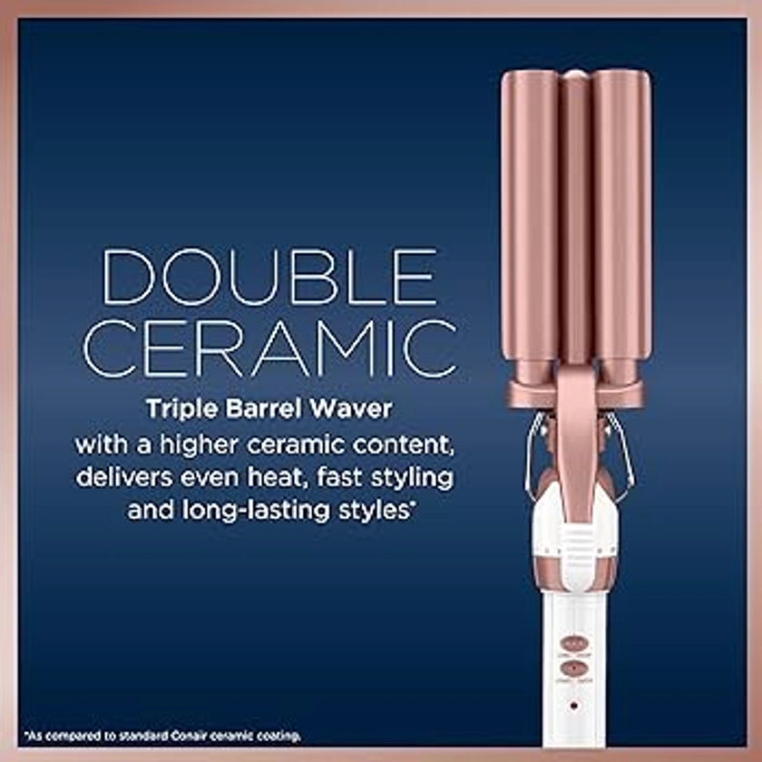 Conair Double Ceramic 3 Barrel Curling Iron, Hair Waver, Create Beachy Waves, Long-Lasting Natural Tight Waves for all Hair Lengths, White / Rose Gold