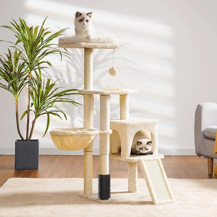 Amazon.com : Heybly Cat Tree with Cat Self Groomer Brush, Cat Tower Condo for Indoor Cats with Padded Plush Perch,Cat House with Basket Scratching Board Post, Beige HCT005SM : Pet Supplies