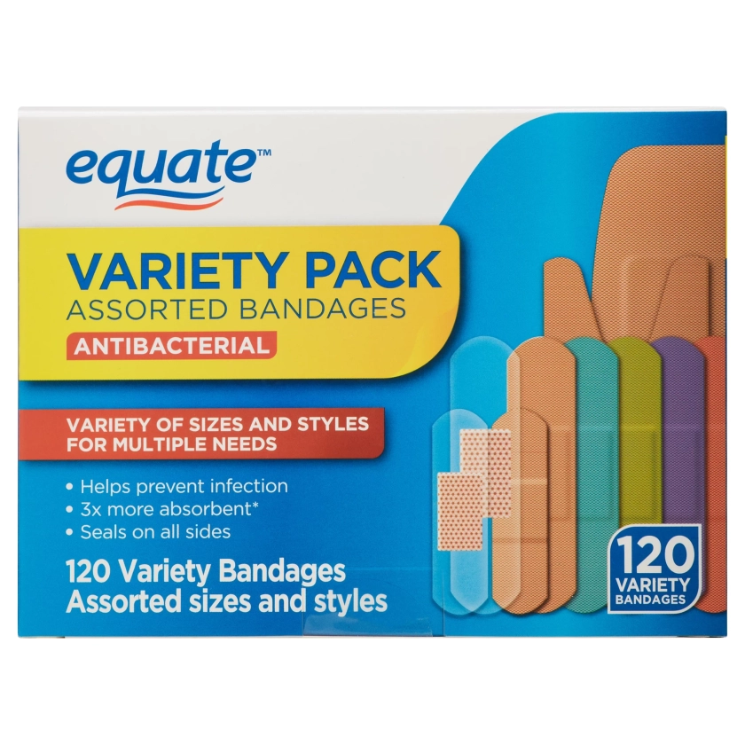 (2 pack) Equate Antibacterial Assorted Bandages Variety Pack, 120 Count