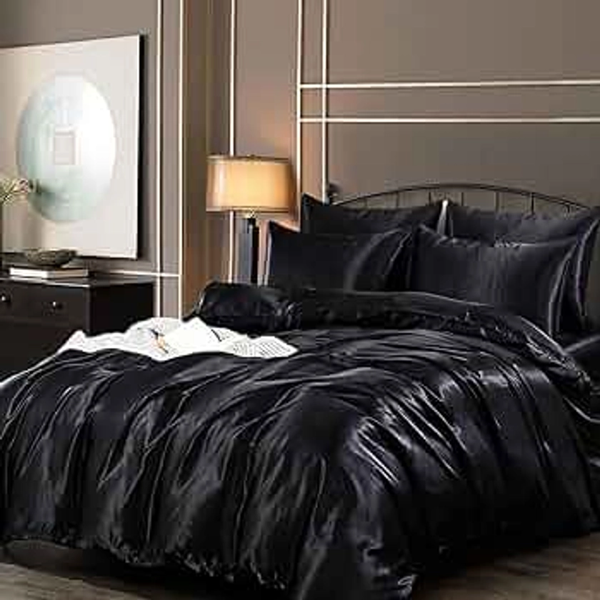 Guchuang Bedding Silk Satin Double Size Complete Bedding Set 6 Pieces Black Duvet Cover Luxury Style Ultra Soft Microfiber Quilt Cover 200x200cm with 1 Fitted Sheet, 4 Pillowcases