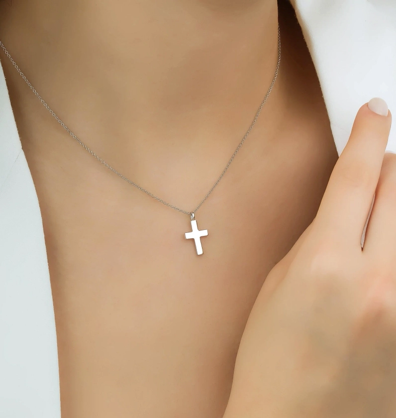 14K Solid White Gold Minimalist Cross Necklace