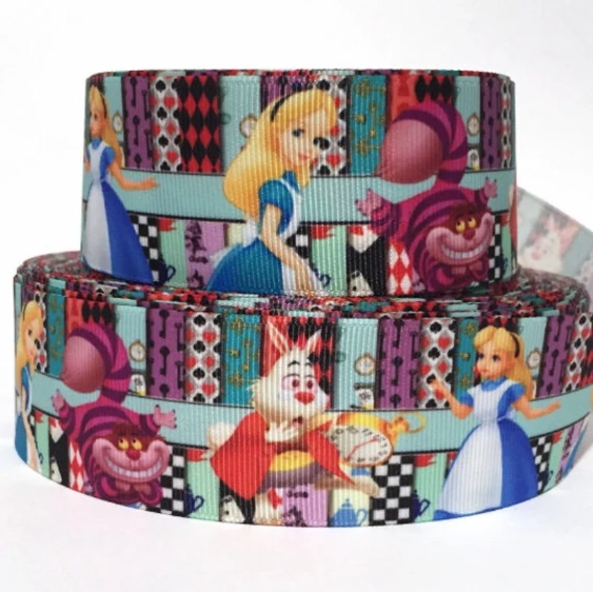 Grosgrain Ribbon 5/8&quot;, 7/8, 1.5&quot;, 3&quot; Alice in Wonderland Cartoon Printed ( Add to Cart, Save on Combine Shipping )