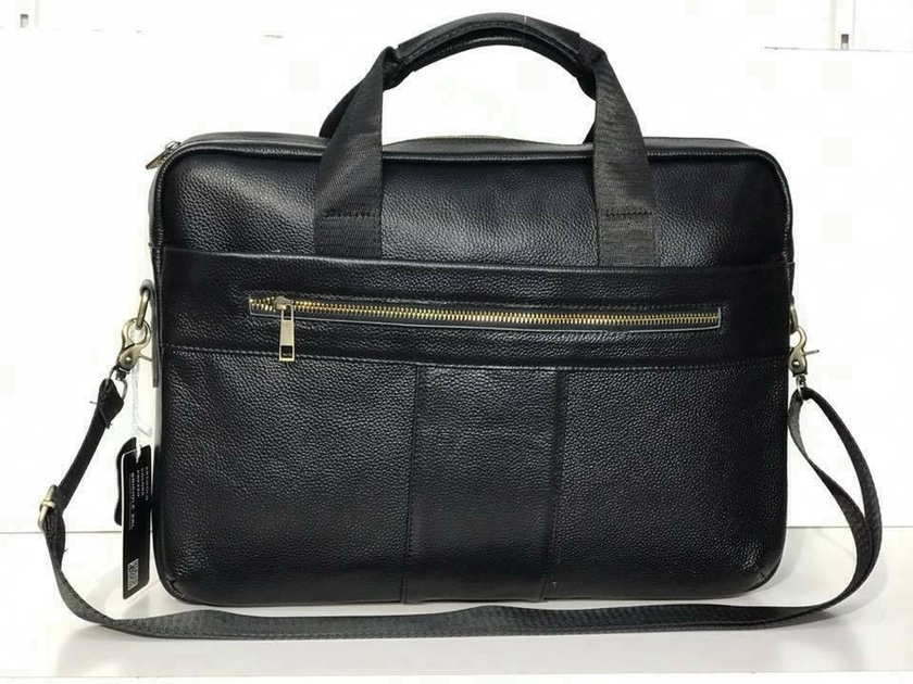 Leather Laptop Bag Black 1 Zip Unisex Real Briefcase Messenger Shoulder Office