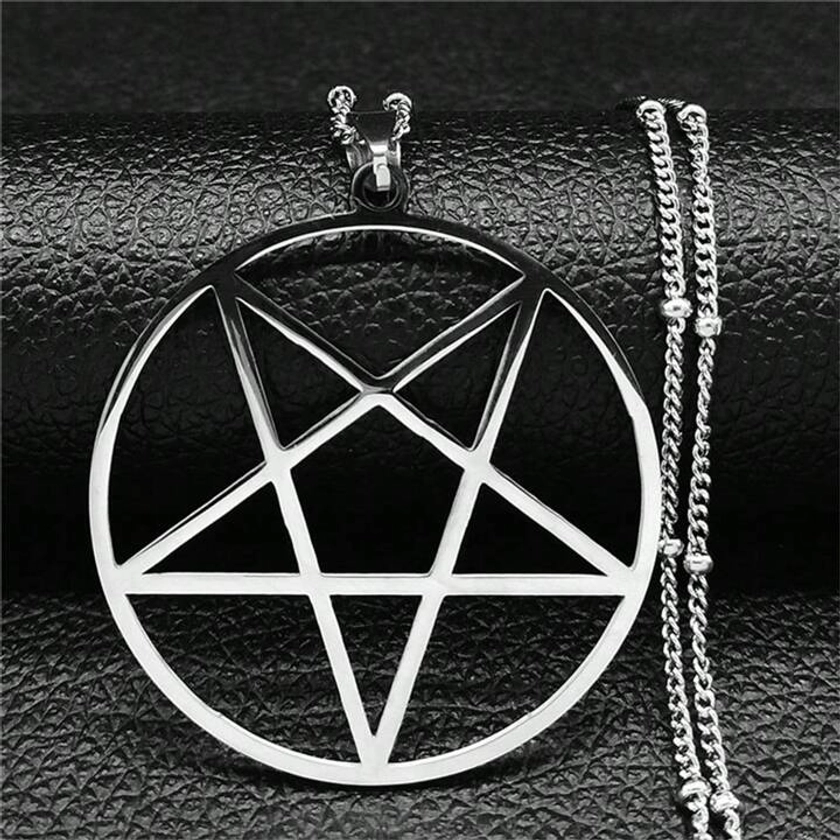 Collar de cadena de acero inoxidable con pentagrama de bruja de moda y satánico, para mujer, color negro, con gran