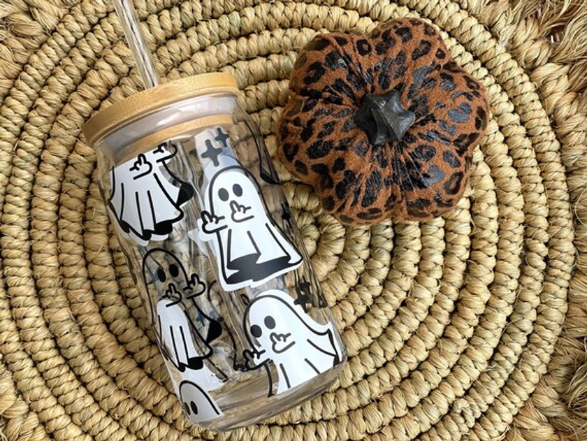 Middle Finger Ghost Glass Cup, Halloween Beer Can Glass, Glass Iced Coffee Cup Lid and Straw, Spooky Glass Beer Can, Halloween Glasses