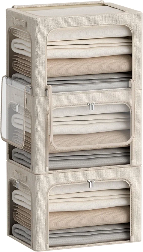 3 Openings Clothes Storage Bins Box - 3Pack Stackable Foldable Storage Bin - Metal Frame Storage Box Clothing Storage Organizer with Clear Window, Carry Handles (66L-19.7x15.7x13in, Beige)