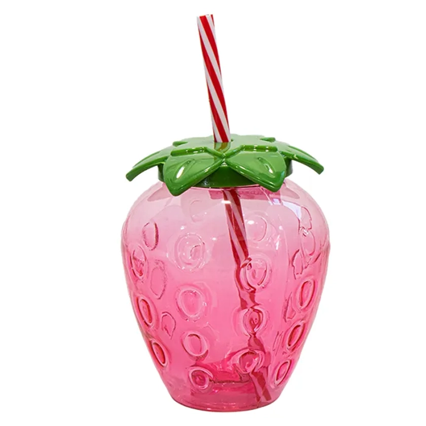 Strawberry Plastic Cup with Straw, 500ml