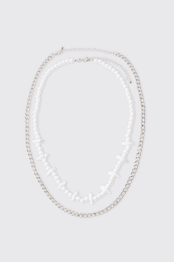2 Pack Pearl And Metal Chain Necklaces In Silver | boohooMAN UK