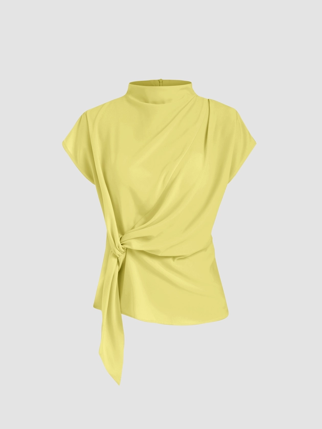 Woven Stand Collar Knotted Ruched Solid Short Sleeve Blouse For Work