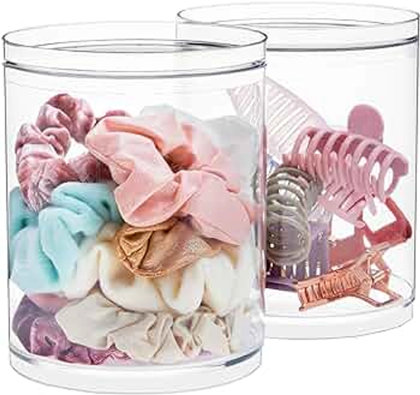 STORi Bella Tall Scrunchie Holder | Stackable Clear Plastic Container (Set of 2) Round Vanity Storage Organizers with Lids for Hair Accessories & Beauty Supplies | Made in USA