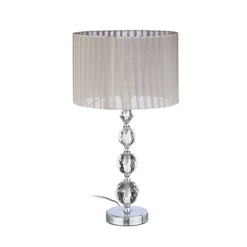 Relaxdays Lampe de chevet abat-jour tissu voile boules verre cristal lampe de nuit HxlxP: 53x29,5x29,5 cm, claire/argent | Leroy Merlin