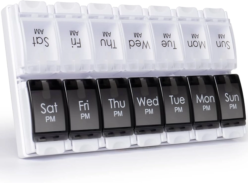 Amazon.com: MERICARGO Am Pm Pill Organizer 7 Day, 2 Times a Day Large Weekly Pill Box, Push Button Daily Pill Case for Vitamin, Fish Oil, Supplements : Health & Household