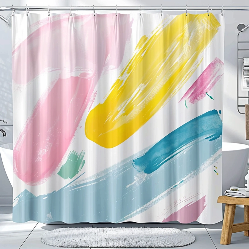 Minimalistic and modern art design shower curtain with soft yellow pink and blue rainbows on a white background